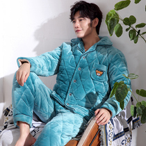 Pajamas men winter padded velvet flannel triple-layer cotton coral velvet mens youth warm home clothing