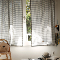 Curtain Korean transparent impervious cotton gray plaid Nordic childrens room bedroom literature hipster door curtain
