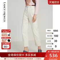 women's early autumn casual high waist beige straight white long style jeans