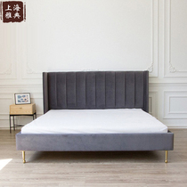 Solid wood master bedroom double bed modern minimalist Nordic wooden bed light luxury fabric bed headboard soft bag ins small apartment