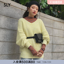 SLY new vintage V-neck loose off shoulder lantern sleeve sweater sweater female 030DSA70-4230