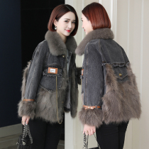 zqqz2021 winter new denim raccoon wool Pike coat female fox fur collar young fur coat D394