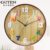 Golden Treasure color three-dimensional digital childrens wall clock Nordic Wood grain clock face 12-inch silent bedroom living room clock