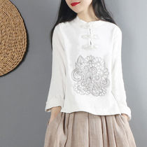 Ethnic embroidered cotton top womens spring new long sleeve shirt Chinese style retro buckle Zen