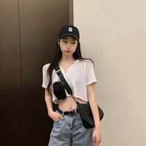 Summer Korean version 2021 new casual all-match loose thin umbilical short V-neck cardigan short-sleeved womens T-shirt top