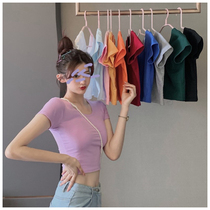 2020 Summer new short-sleeved T-shirt women short slim open umbilical base shirt solid color womens sexy high waist top