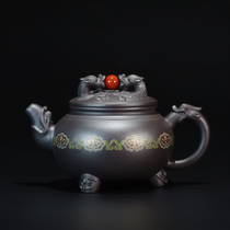 Large capacity Yixing Purple Sand Pot Pure Handmade High-end Tea Set Single Pot Raw Mine Black Clay Purple Sand Teapot Twin Dragon Drama