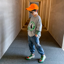 Boys  autumn long-sleeved T-shirt 2021 new childrens base shirt top autumn fake two-piece cartoon Korean version of foreign style