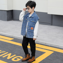 Boys denim vest spring new 2021 spring and autumn vest jacket large child horse clip children vest waistcoat