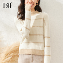 OSA imitation mink velvet semi-turtleneck striped sweater 2021 new female autumn winter lazy wind loose coat