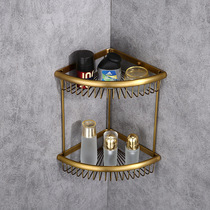 Non-perforated copper gold double layer storage basket Household hotel fan-shaped coated triangular storage basket Bathroom corner rack