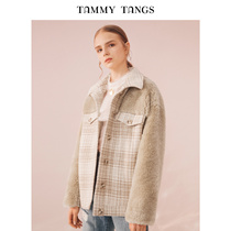 Sugar force winter new European and American long-sleeved loose lapel single-breasted check stitching wool fluff coat female