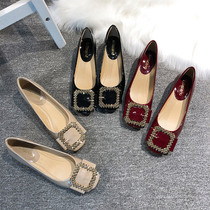 2021 New Spring leather square head thick and wine red low heels retro shallow Joker Lady single shoes ladyshoes