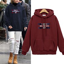 Hong Kong Europe and the United States autumn and Winter printing hooded loose thin pullover couple sweater medium long plus velvet thickened coat female