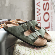 Slippers mens 2021 new summer outdoor casual leather cork sandals sandals trend Korean version of personality wear