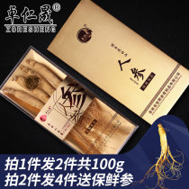 Shoot 1 hair 2 a total of 100g]White ginseng Changbai Mountain Ginseng raw dried ginseng gift box Dry ginseng free sliced and powdered