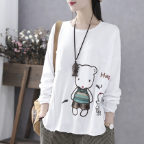 Han suoyi retro art Spring and Autumn New patch embroidery top base shirt terry cotton collar long sleeve T-shirt