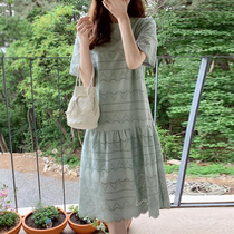 Korean Dongdaemun short-sleeved dress women 2022 new summer hollow fresh lady style long skirt