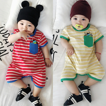 British next kid baby jumpsuit summer short-sleeved elastic boxer romper newborn striped breathable romper