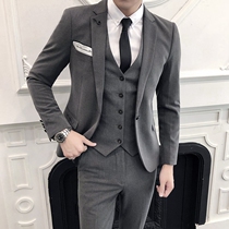 Suit mens suit three-piece business casual Korean handsome groom wedding dress British mens suit trend
