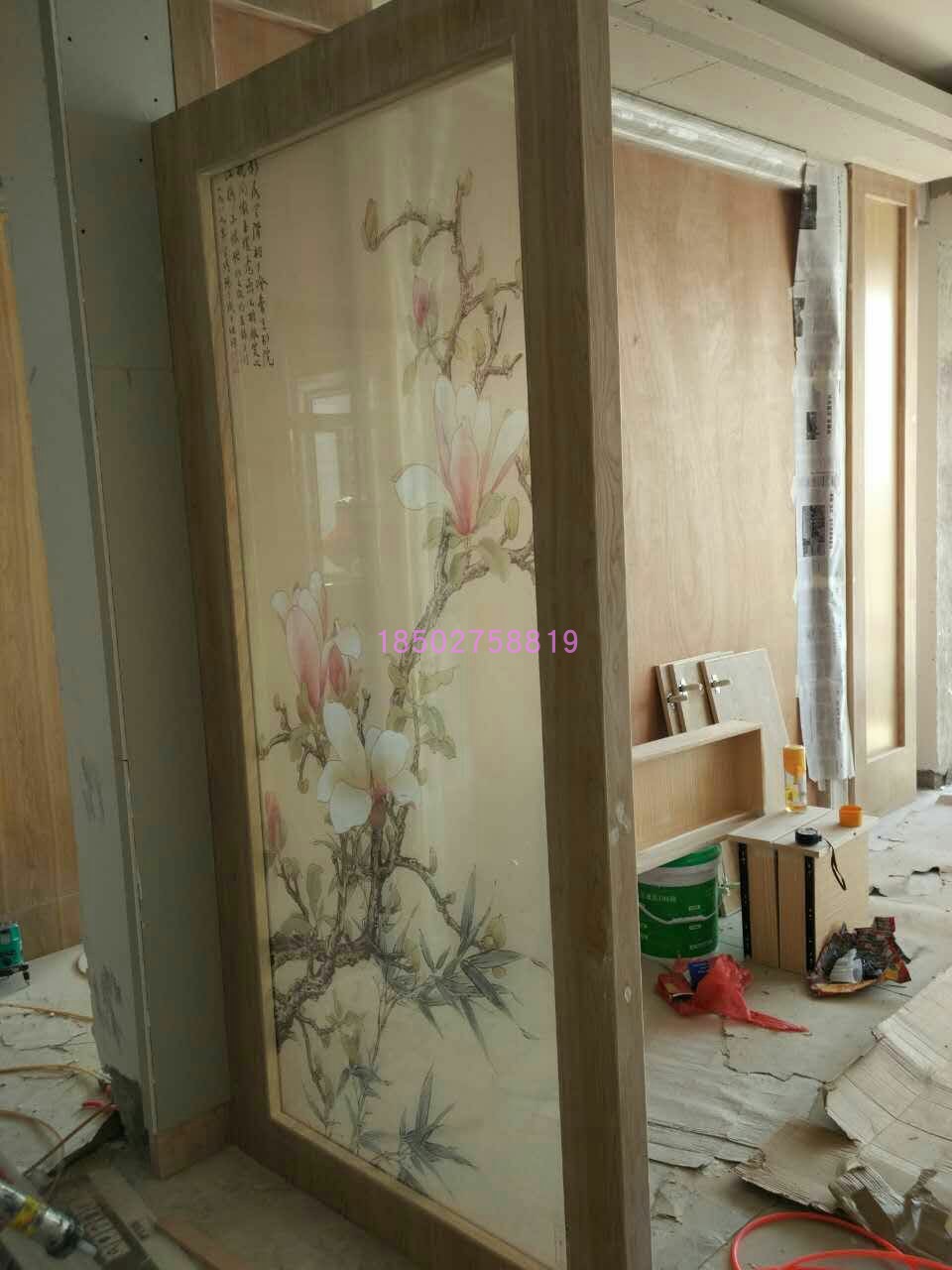 Custom clip silk glass background wall partition entrance screen double security clip silk clip painting Chinese painting Magnolia bamboo