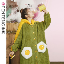 Fenten Nightdress Womens autumn and winter coral velvet plus velvet padded nightgown long bathrobe cute brown bear pajamas