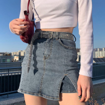 H home Europe and the United States high street blogger super A careful machine split hip hip half denim skirt women wash high waist skirt tide