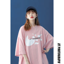 Pink short-sleeved T-shirt female oversize loose Korean version summer niche design sense salt series age-reducing coat ins tide