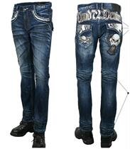 Spot new Korean personality embroidery skull blue washed Harley Indian Knight mens jeans trousers