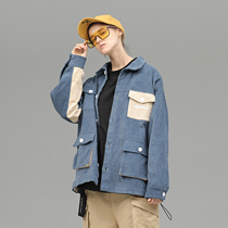 KEYNOTE Sea Urchin Brand 19AW Tide Men Grey Blue Loose Corduroy Four Bag Splice Jacket Jacket