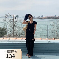WXLSTUDIO fashion suit women 2021 spring new square collar short sleeve top wide leg pants two-piece set
