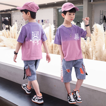 Childrens clothing boys summer suit 2021 new short-sleeved childrens western style middle and large boy boys handsome denim two-piece suit