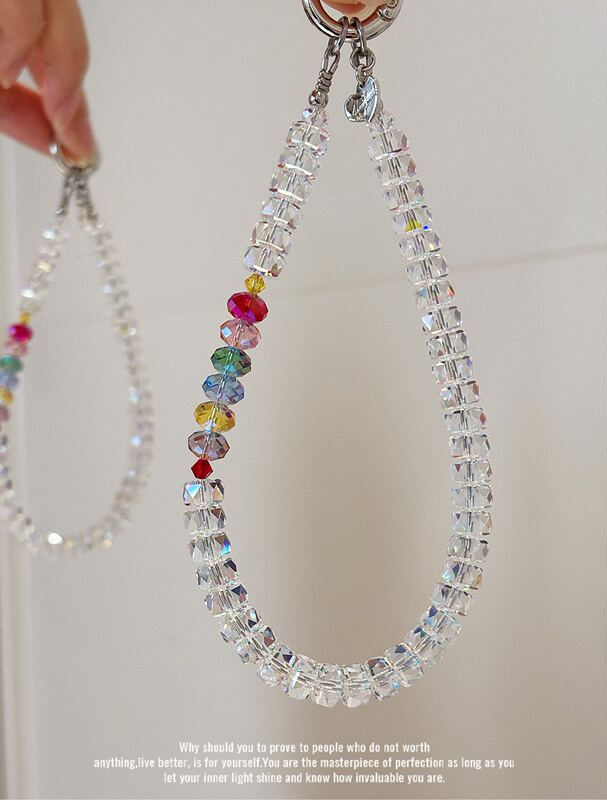 Rainbow Candy Swarovski Sparkling Crystal Hand Chain Wrist Strap Phone Chain Keychain Pendant Gift