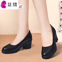 Four seasons single shoes thick heel round head Middle heel womens shoe root shallow black leather shoes commuter work shoes low heel womens single shoes