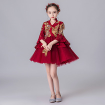 Childrens host long sleeve piano performance girls Chinese style princess skirt foreign style puffy gauze childrens dress girl