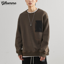 Spring and autumn new mens sweater stitching round neck loose Korean trend plus velvet padded Joker long sleeve jacket