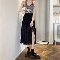  Split cotton and linen skirt womens French mid-length 2021 new wrinkled cream skirt anti-light crotch one-step skirt