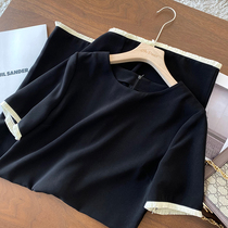 Elegant Hepburn style atmospheric round neck thin fringed edge short-sleeved A-line dress women hide meat small black dress spring and summer new