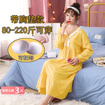 With chest pad night dress womens cotton long-sleeved spring and autumn pajamas loose Princess style long section can be worn outside plus size fat mm
