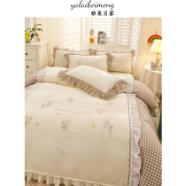 Full cotton washed cotton bed Skirt Four Pieces Summer Bed Pint Princess Wind Embroidery Lace Embroidered Quilt Cover Bed Linen