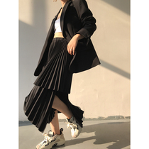 ACUP black high waist irregular hem pleated skirt womens 2021 new long umbrella Pendulum A- shaped skirt