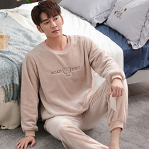 Sleepwear Male Long Sleeve Hooter Warm Coral Suede Gushed Flannel Thickened Mens Flannel Pyjamas AUTUMN WINTER TWO SUITS