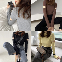 EKOOL design sense strapless long sleeve T-shirt female spring 2021 new versatile slim casual round neck top