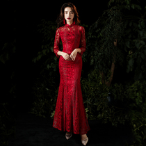 Red lace long long sleeve annual meeting banquet dress Wedding toast dress Cheongsam slim slim spring dress