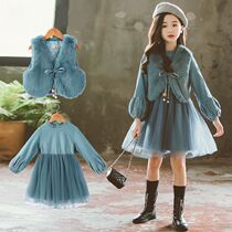 Girls winter dress 2020 new childrens skirt winter dress plus velvet two-piece girl foreign style princess dress