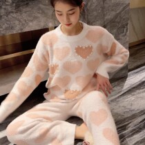 Japanese gelato autumn winter soft cotton pajamas sweet and loving round neckline jacket head woman coral suede can be worn outside the home clothes