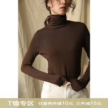 5SISS with velvet pile collar solid color knitted T-shirt female slim base shirt 2021 Winter new warm top