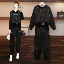 Big woman high-end large size womens clothing 2020 early autumn new fat mm thin Western style casual pants two-piece suit