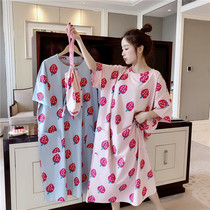 Short sleeve extended knee nightgown cotton strawberry pajamas womens summer loose plus size fat mm200 kg home clothes