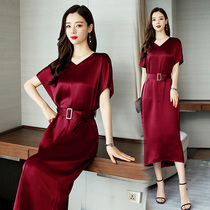 Acetic Satin Dress 2021 Summer New High-end Socialite Temperament V-Collar Loose Slim Cover Belly Medium-length dress